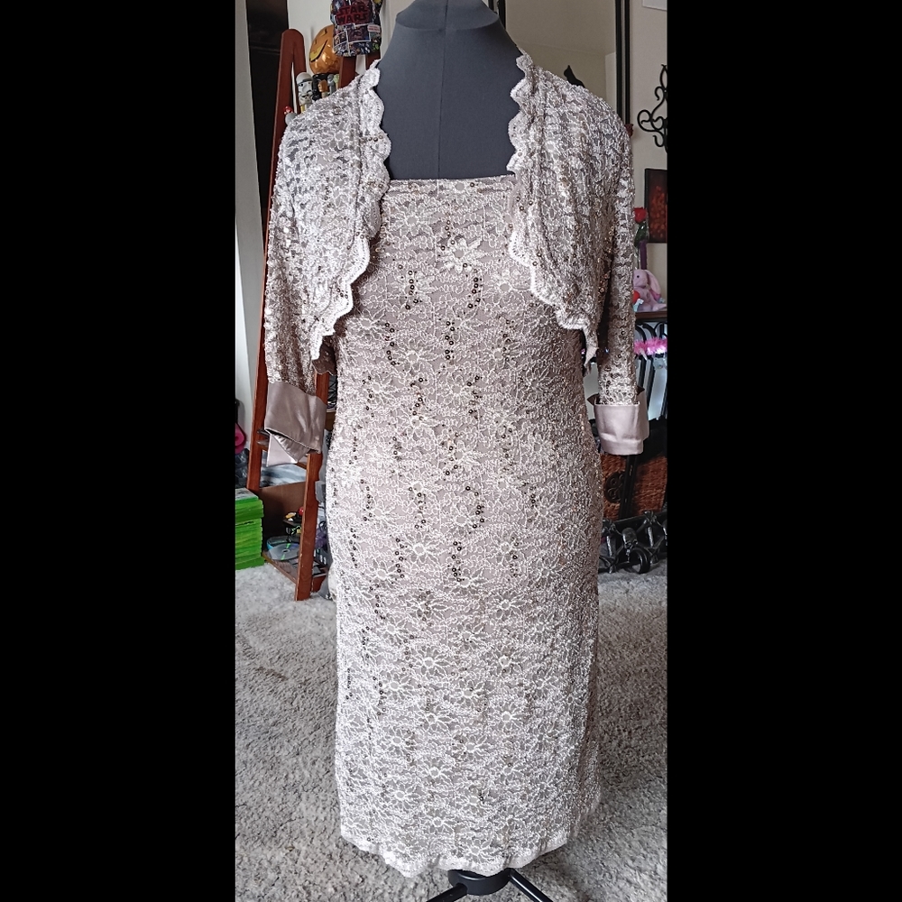 🖤 R&M Richards Petite Lace Sequin Dress Shawl 12 Taupe Formal Wedding Mother